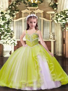 Yellow Green Ball Gowns Tulle Straps Sleeveless Beading Floor Length Lace Up Pageant Gowns For Girls