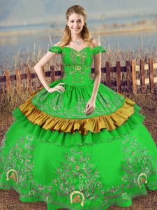 Ball Gowns 15 Quinceanera Dress Green Off The Shoulder Satin Sleeveless Floor Length Lace Up