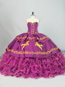 Graceful Embroidery and Ruffles Quinceanera Dress Purple Lace Up Sleeveless Brush Train