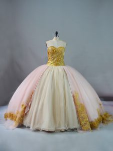 Exceptional Pink and Champagne Sweetheart Lace Up Beading and Lace and Appliques Sweet 16 Quinceanera Dress Brush Train 
