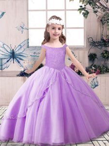 Dramatic Off The Shoulder Sleeveless Little Girls Pageant Dress Wholesale Floor Length Beading Lavender Tulle