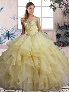 Floor Length Lace Up Quinceanera Dresses Yellow for Military Ball and Sweet 16 and Quinceanera with Beading and Ruffles