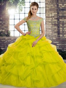 Off The Shoulder Sleeveless Tulle Quince Ball Gowns Beading and Pick Ups Brush Train Lace Up