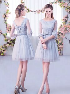 High Class Grey Half Sleeves Lace Mini Length Wedding Party Dress