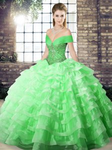 Glorious Green Off The Shoulder Lace Up Beading and Ruffled Layers Quince Ball Gowns Brush Train Sleeveless