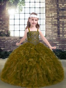 Olive Green Lace Up Straps Beading and Ruffles Little Girls Pageant Dress Wholesale Organza Sleeveless