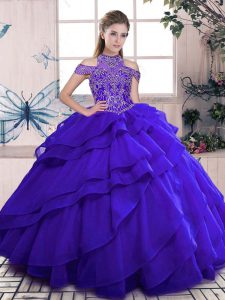 Wonderful Blue Sleeveless Floor Length Beading and Ruffles Lace Up Quinceanera Gown