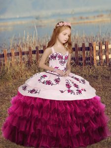 Fantastic Sleeveless Floor Length Embroidery and Ruffles Lace Up Little Girls Pageant Gowns with Fuchsia