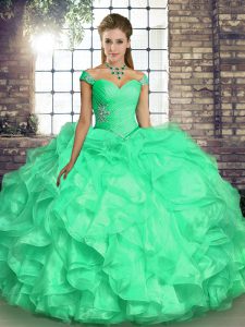 Elegant Turquoise Quinceanera Dresses Military Ball and Sweet 16 and Quinceanera with Beading and Ruffles Off The Should