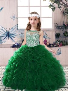 Floor Length Dark Green Pageant Dress for Womens Scoop Sleeveless Lace Up