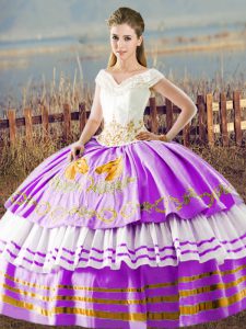 Low Price Lilac Sleeveless Floor Length Embroidery and Ruffled Layers Lace Up Sweet 16 Dress