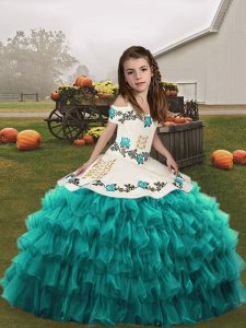 Organza Straps Sleeveless Lace Up Embroidery and Ruffled Layers Little Girls Pageant Dress Wholesale in Teal