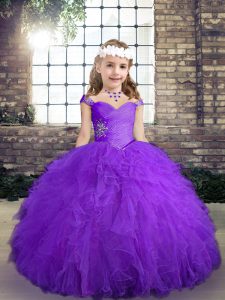 Purple Sleeveless Beading and Ruffles Floor Length High School Pageant Dress