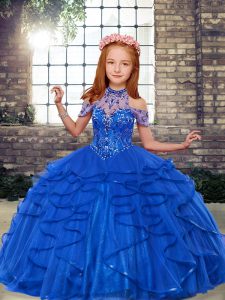 High Class High-neck Sleeveless Tulle Little Girls Pageant Dress Wholesale Beading and Ruffles Lace Up