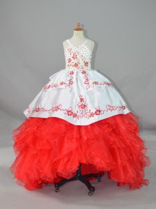 Satin and Organza Straps Sleeveless Sweep Train Lace Up Beading and Embroidery and Ruffles Little Girls Pageant Dress Wh