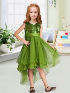 Popular High Low Zipper Toddler Flower Girl Dress Olive Green for Wedding Party with Sequins and Bowknot