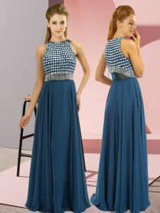 Teal Scoop Side Zipper Beading Prom Evening Gown Sleeveless