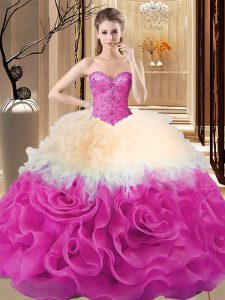 Discount Multi-color Ball Gowns Fabric With Rolling Flowers Sweetheart Sleeveless Beading and Ruffles Floor Length Lace 