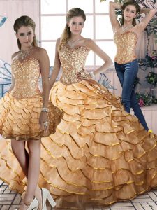 Fitting Gold Sleeveless Beading and Ruffles Lace Up Quinceanera Dresses