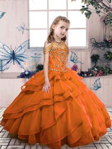 Orange Red Ball Gowns High-neck Sleeveless Organza Floor Length Lace Up Beading Child Pageant Dress