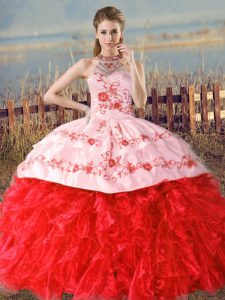 Classical Red Ball Gowns Embroidery and Ruffles Quinceanera Gowns Lace Up Organza Sleeveless Floor Length