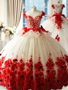 Red Ball Gowns Tulle Scoop Sleeveless Hand Made Flower Zipper Sweet 16 Dresses Brush Train