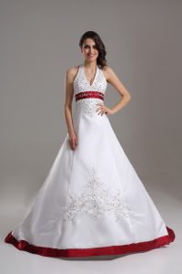 Glittering White Halter Top Lace Up Beading and Embroidery Wedding Dresses Brush Train Sleeveless