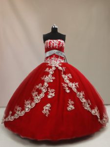Beautiful Floor Length Red 15 Quinceanera Dress Tulle Sleeveless Appliques