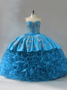 Pretty Blue Sleeveless Fabric With Rolling Flowers Brush Train Lace Up 15th Birthday Dress for Sweet 16 and Quinceanera