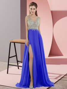 Pretty Blue Sleeveless Beading Zipper Prom Party Dress