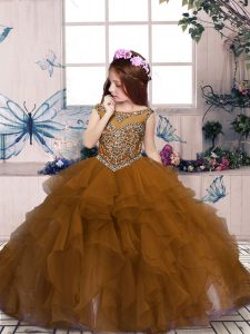 Super Brown Scoop Neckline Beading and Ruffles Little Girls Pageant Dress Sleeveless Lace Up