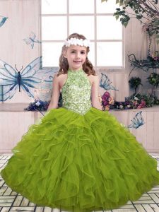 Luxurious Olive Green Lace Up High-neck Beading and Ruffles Custom Made Pageant Dress Tulle Sleeveless