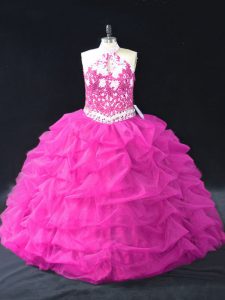 Fuchsia Organza Backless 15 Quinceanera Dress Sleeveless Floor Length Beading and Lace and Pick Ups