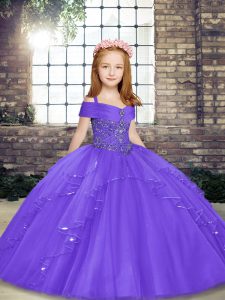 Straps Sleeveless Lace Up Girls Pageant Dresses Lavender Tulle