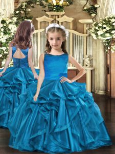 Gorgeous Ball Gowns Pageant Dresses Blue Scoop Organza Sleeveless Floor Length Lace Up