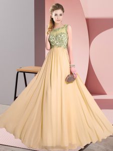 Fantastic Chiffon Scoop Sleeveless Backless Beading and Appliques Quinceanera Court Dresses in Peach
