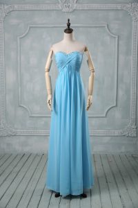 Sleeveless Floor Length Beading and Ruching Backless Prom Dress with Baby Blue
