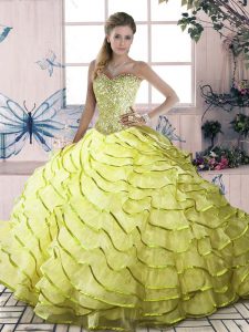 Halter Top Sleeveless Quinceanera Gown Brush Train Beading and Ruffled Layers Yellow Green Organza