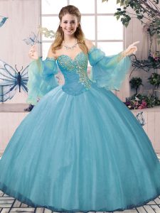 Blue Ball Gowns Beading and Ruching Sweet 16 Dresses Lace Up Tulle Long Sleeves