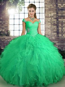 Beauteous Turquoise Sleeveless Floor Length Beading and Ruffles Lace Up Quinceanera Gowns