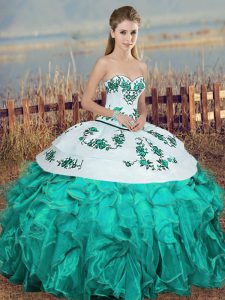 Enchanting Turquoise Ball Gowns Sweetheart Sleeveless Organza Floor Length Lace Up Embroidery and Ruffles and Bowknot Qu