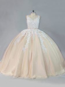 Fine Champagne Zipper Scoop Appliques Ball Gown Prom Dress Tulle Sleeveless Court Train