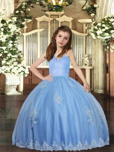Floor Length Baby Blue Pageant Dress for Teens Straps Sleeveless Lace Up