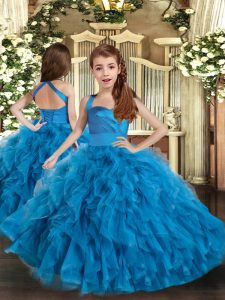Dramatic Floor Length Blue Little Girl Pageant Gowns Straps Sleeveless Lace Up