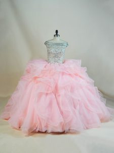 Customized Off The Shoulder Sleeveless Brush Train Lace Up Sweet 16 Quinceanera Dress Black and Peach Organza