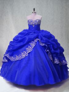 Royal Blue Ball Gowns Sweetheart Sleeveless Organza Floor Length Lace Up Beading and Appliques and Pick Ups Vestidos de 
