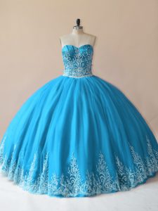 Exquisite Baby Blue Lace Up Sweetheart Embroidery Vestidos de Quinceanera Tulle Sleeveless