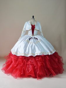 White And Red Sweet 16 Dresses Sweet 16 and Quinceanera with Embroidery and Ruffles Sweetheart Sleeveless Lace Up