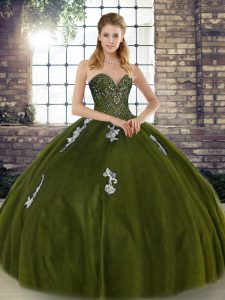 Noble Olive Green Sweetheart Lace Up Beading and Appliques Quinceanera Dress Sleeveless
