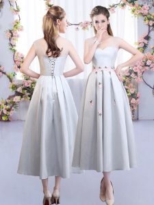 Custom Made Tea Length Silver Dama Dress Satin Sleeveless Appliques